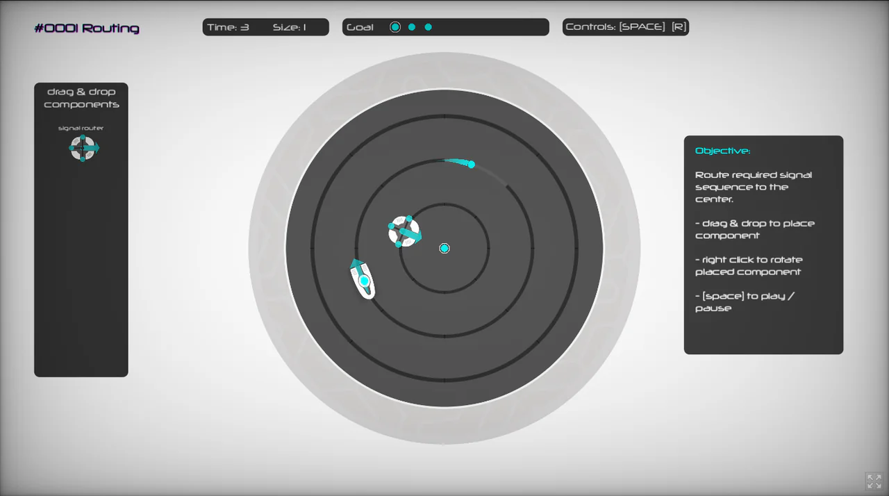 Logic EmitterのRoutingレベルで、配置したsignal routerを通った水色の信号が円形盤面を移動するシミュレーション画面