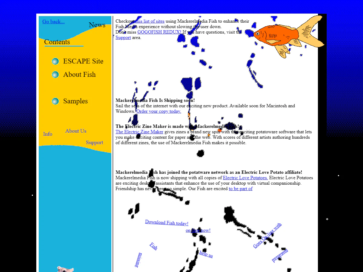 Mackerelmedia Fishの探索画面。魚の絵、色鮮やかな目次、欠損したニュース本文と散らばったリンクが表示されている