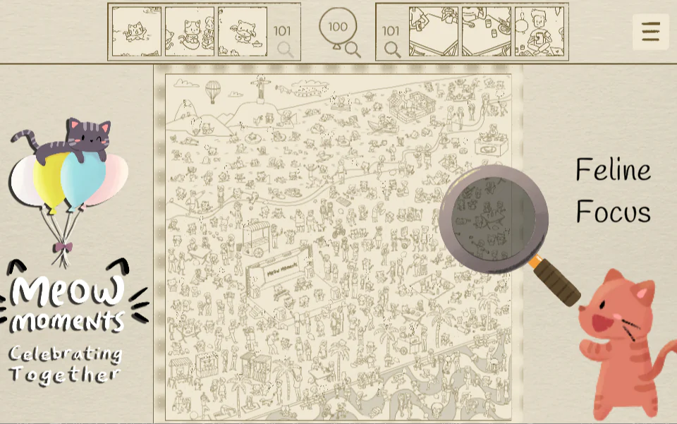 Meow Moments: Celebrating Togetherの探索図に大きな虫眼鏡が重なり、左右に猫とFeline Focusの文字が表示されたゲーム画面