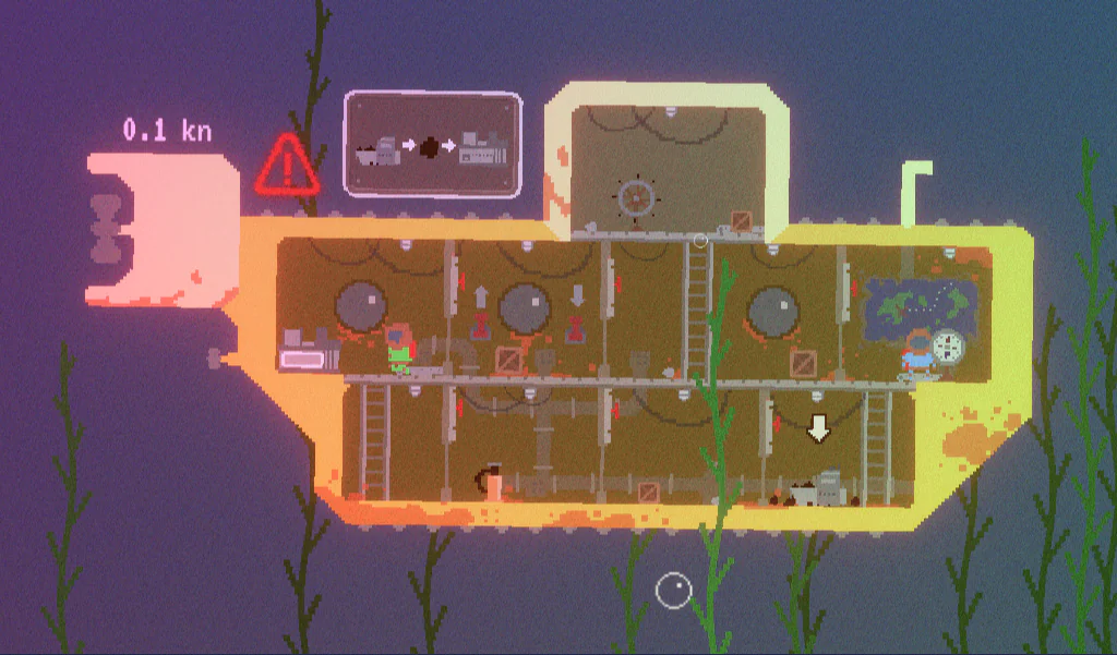 My Rusty Submarineで速度が0.1kmまで落ち、警告表示が点灯した潜水艦のゲーム画面