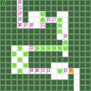 N Step Steve: part 1の緑の方眼マップで、数字の旗と矢印床の間をオレンジ色の猫が進む公式プレイ画面