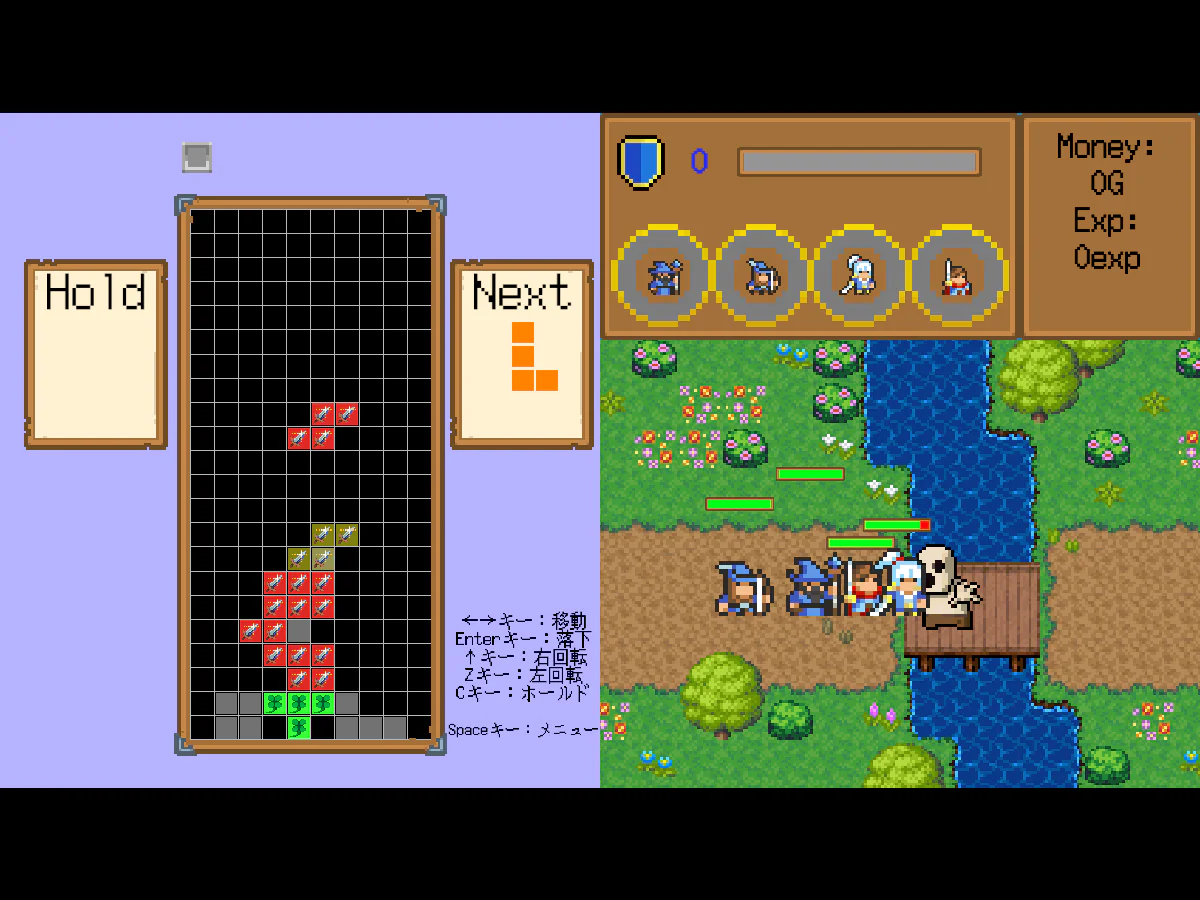 ナノヒーローズで、左の落ち物パズル盤に色付きブロックが積み上がり、右のフィールドで4人のパーティーが敵と戦っている場面