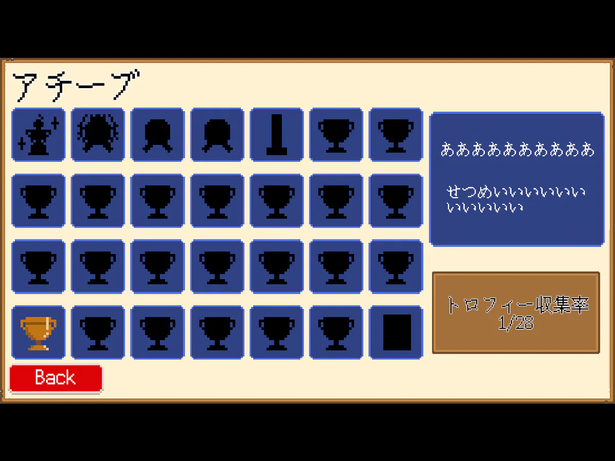 ナノヒーローズのアチーブ画面で、複数のトロフィー枠とトロフィー収集率1／28が表示されている場面