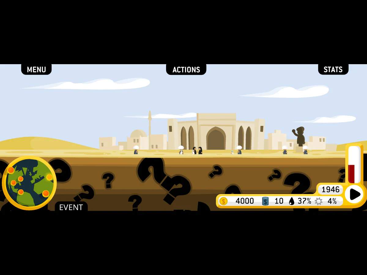 Oiligarchyで世界地図からイラクを選び、都市と地下資源を表示したゲーム中画面