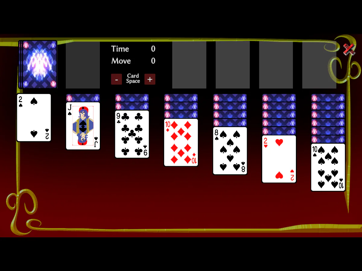 クロンダイクソリティアbyおぷちゃゲーム製作委員会で、山札、4つの組札枠、7列の場札が並ぶゲーム開始直後の盤面