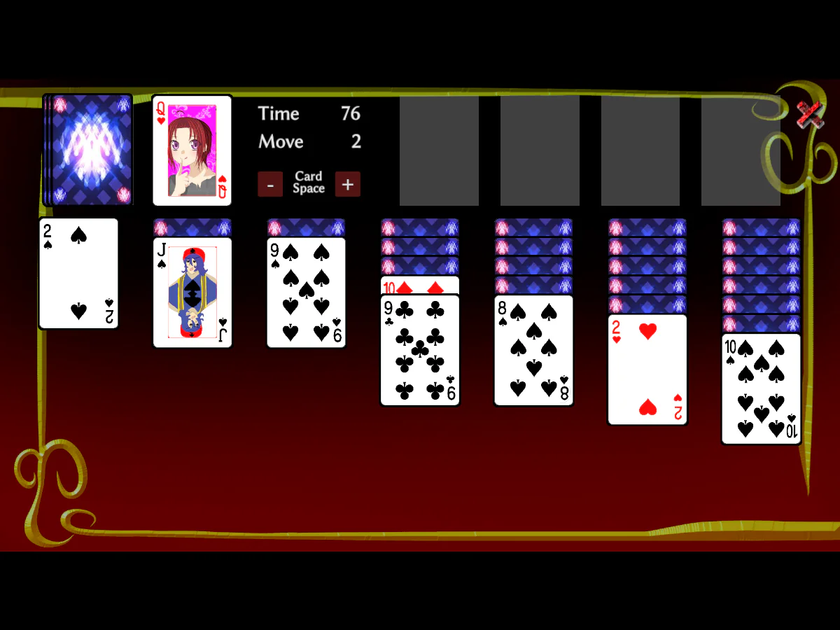 クロンダイクソリティアbyおぷちゃゲーム製作委員会で、クラブの9をダイヤの10へ移し、山札からハートのQをめくった進行中の盤面