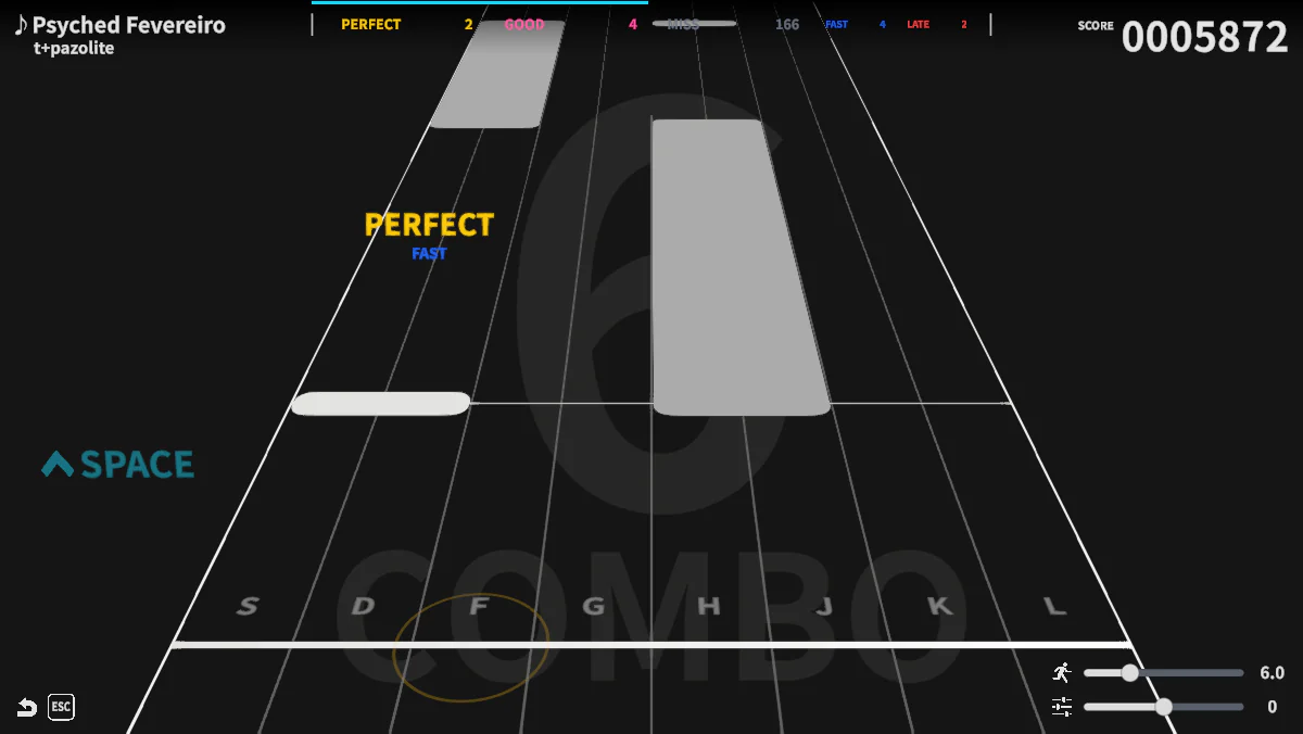 OTOGE RUSH!!で、奥へ伸びる8本のレーンにTAPとHOLDノーツが流れ、SからLとSpaceの入力表示、判定数、スコアが見えるゲーム中画面