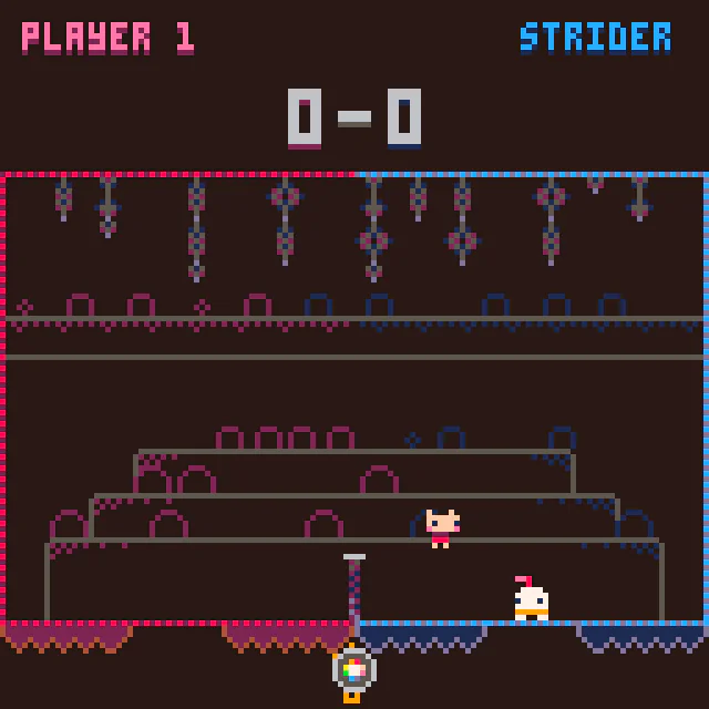 PICO-BALLのSTRIDER戦で、スコア0対0のPLAYER 1とSTRIDERがともにネット右側へ入り、ボールが画面下に現れた対戦画面