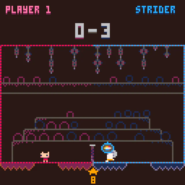 PICO-BALLのSTRIDER戦で、スコア0対3のPLAYER 1がネット左側、STRIDERとボールがネット右側にいる対戦画面