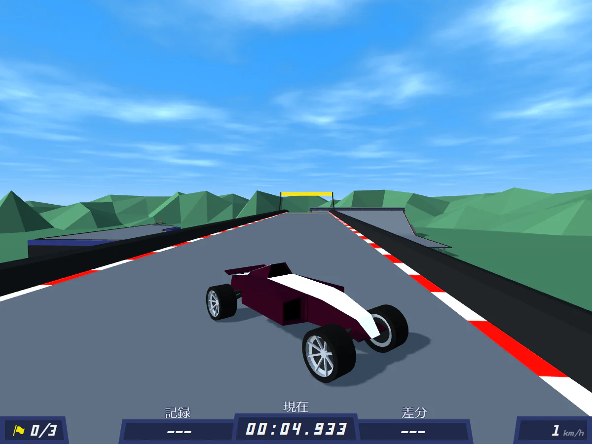 PolyTrackのSummer 1で、スタート後に車がコース上を進み、現在タイムが動いているゲーム中画面