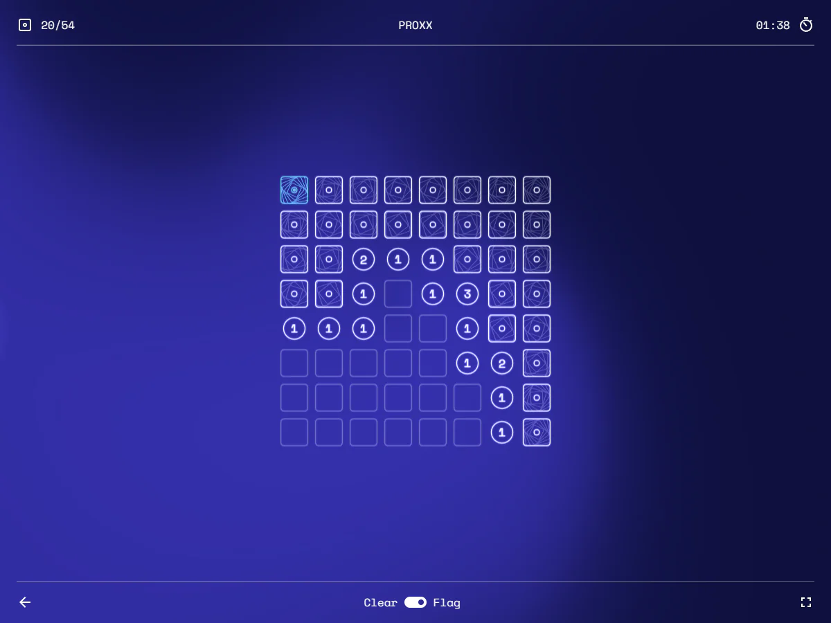 PROXXのEasy 8×8盤面で中央から右下に数字と空白セルが開き、左上の未開封セルにFlagが付いたゲーム中画面