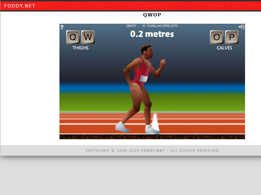 QWOP公式Web版で、100m走のトラック上に選手が立ち、画面上部にQとWのTHIGHS、OとPのCALVESボタンが表示されたゲーム中画面