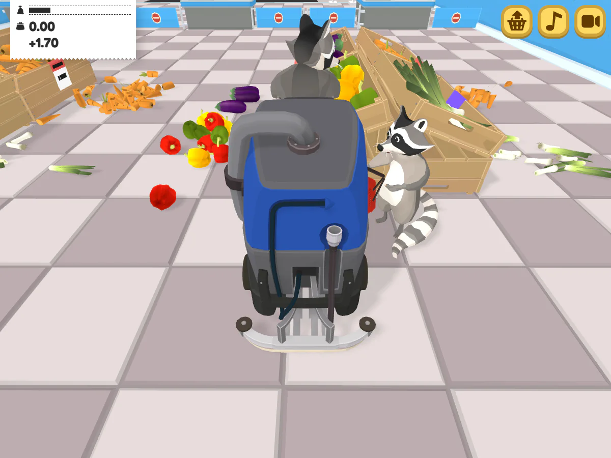 Raccoon Retailの売り場にニンジンやナス、ピーマンなどが散らかり、清掃車と客がいるゲーム中画面
