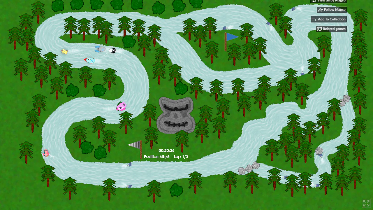 RC Sploosh RacerのWoodland Parkを見下ろす全体カメラで、6艇が川のコースを走る1周目のレース画面
