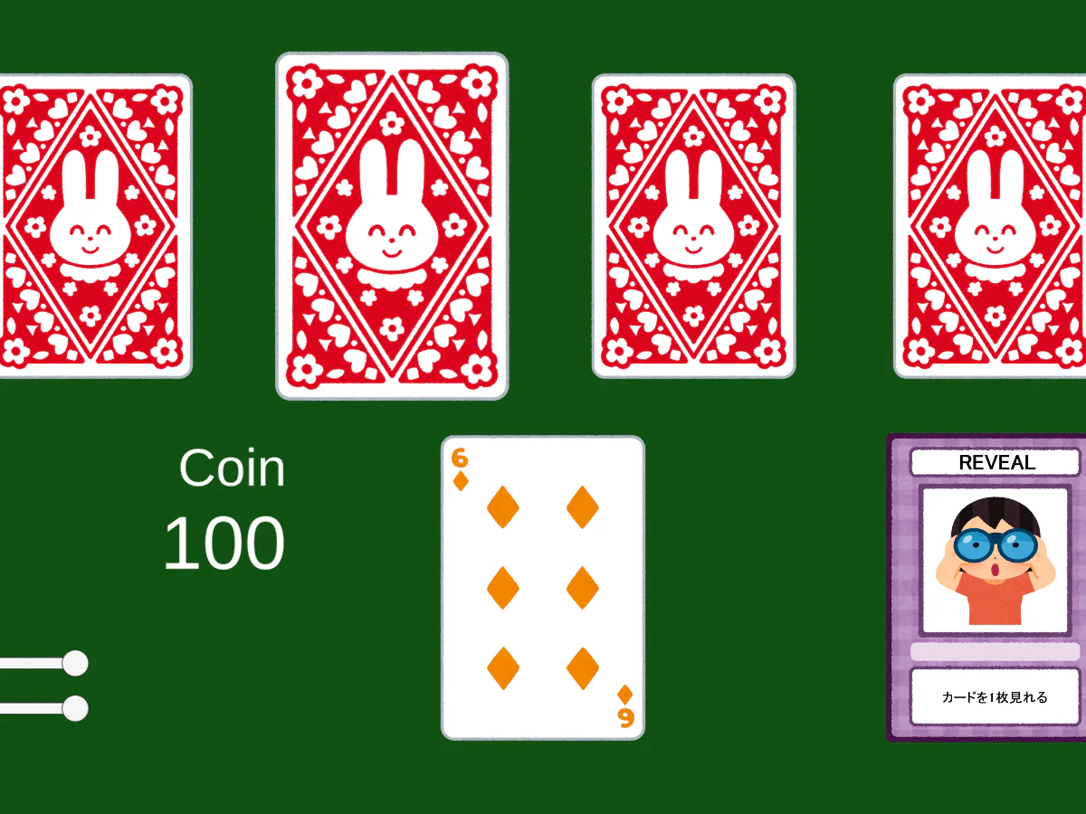 ReCardで、Coin 100、ダイヤの6、カードを1枚見られるREVEALスキルと4枚の裏向きカードが表示されたダブルアップ中の画面