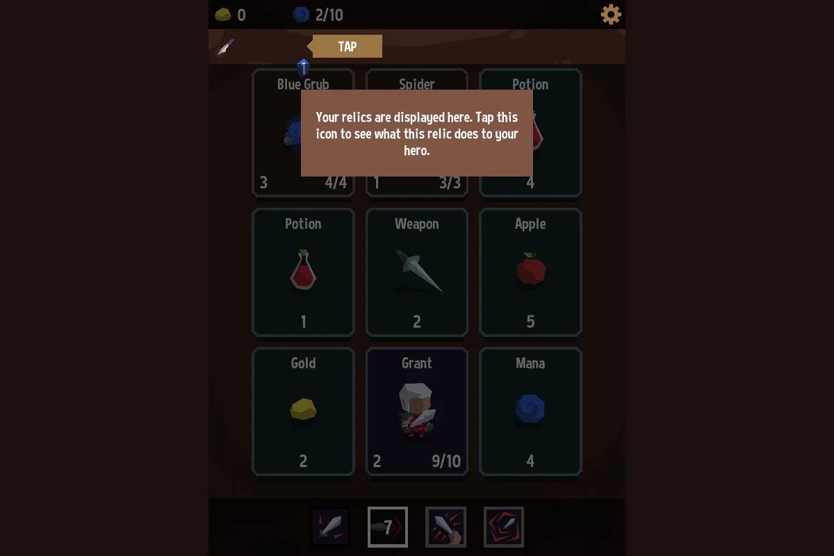 Relics of the FallenのNetherheim Caveチュートリアルで、HP9のGrantがSteel Knifeを獲得し、Blue Grub、Spider、武器、Potion、Apple、Gold、Manaのカードとレリック説明を表示するゲーム中画面