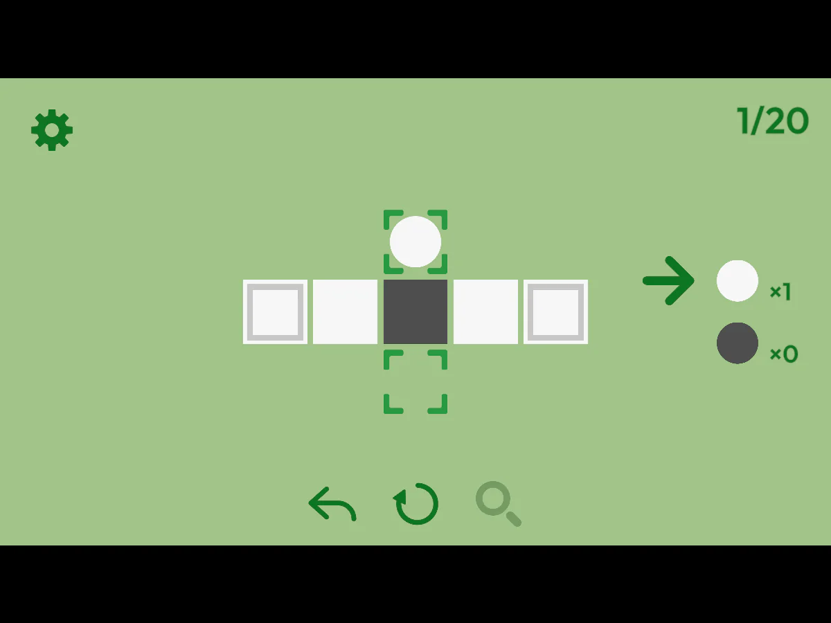 Reversible Routeのステージ1で、横一列の5タイル、中央の黒いタイル、上側の白石1個と右側の残数表示が見える配置前のゲーム中画面