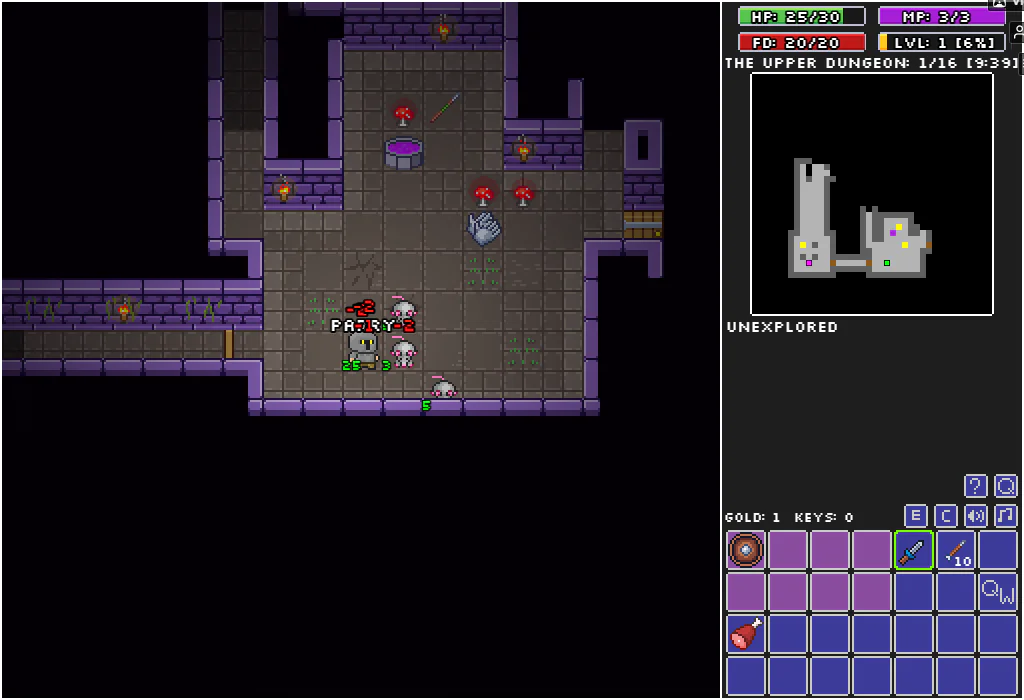 Rogue Fable IIIの上層ダンジョン1階で戦士が敵3体と接近戦になり、HP25、敵へのダメージ表示が出ている実プレイ画面