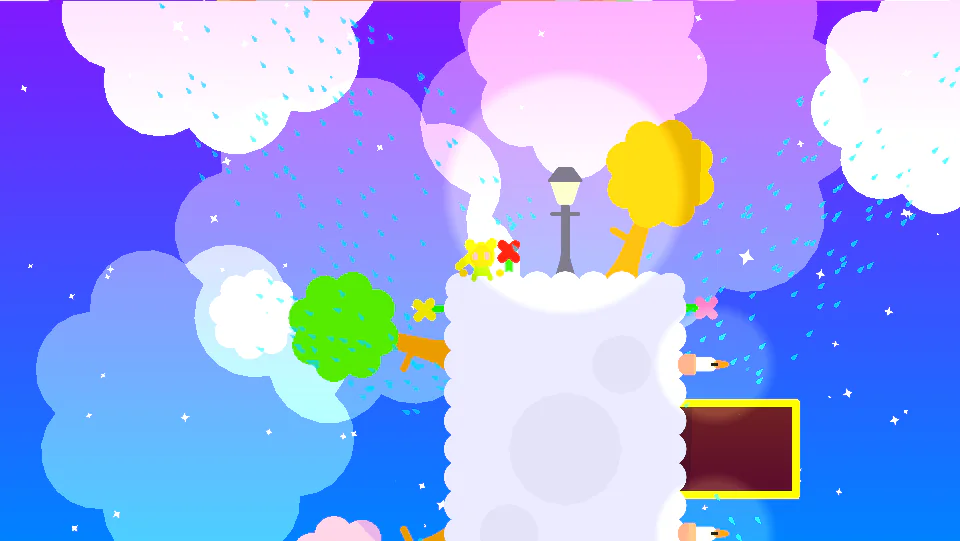 ROTAのゲーム中画面。花のような主人公が足場の端を歩き、扉が側面に見えている状態。