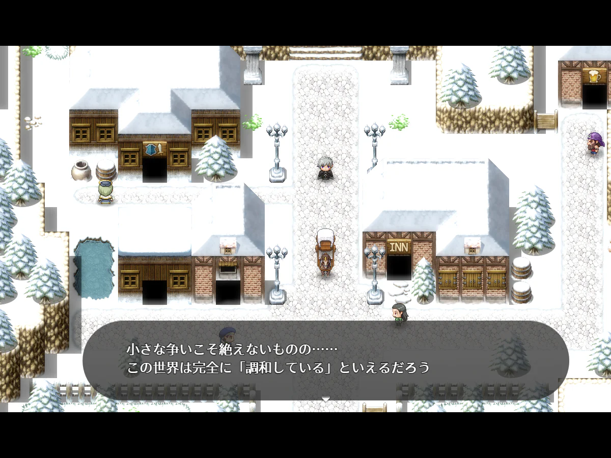 新約・完全超悪モモタロンドの導入で、雪に覆われた町の広場と人々を映しながら世界の調和について語られる場面