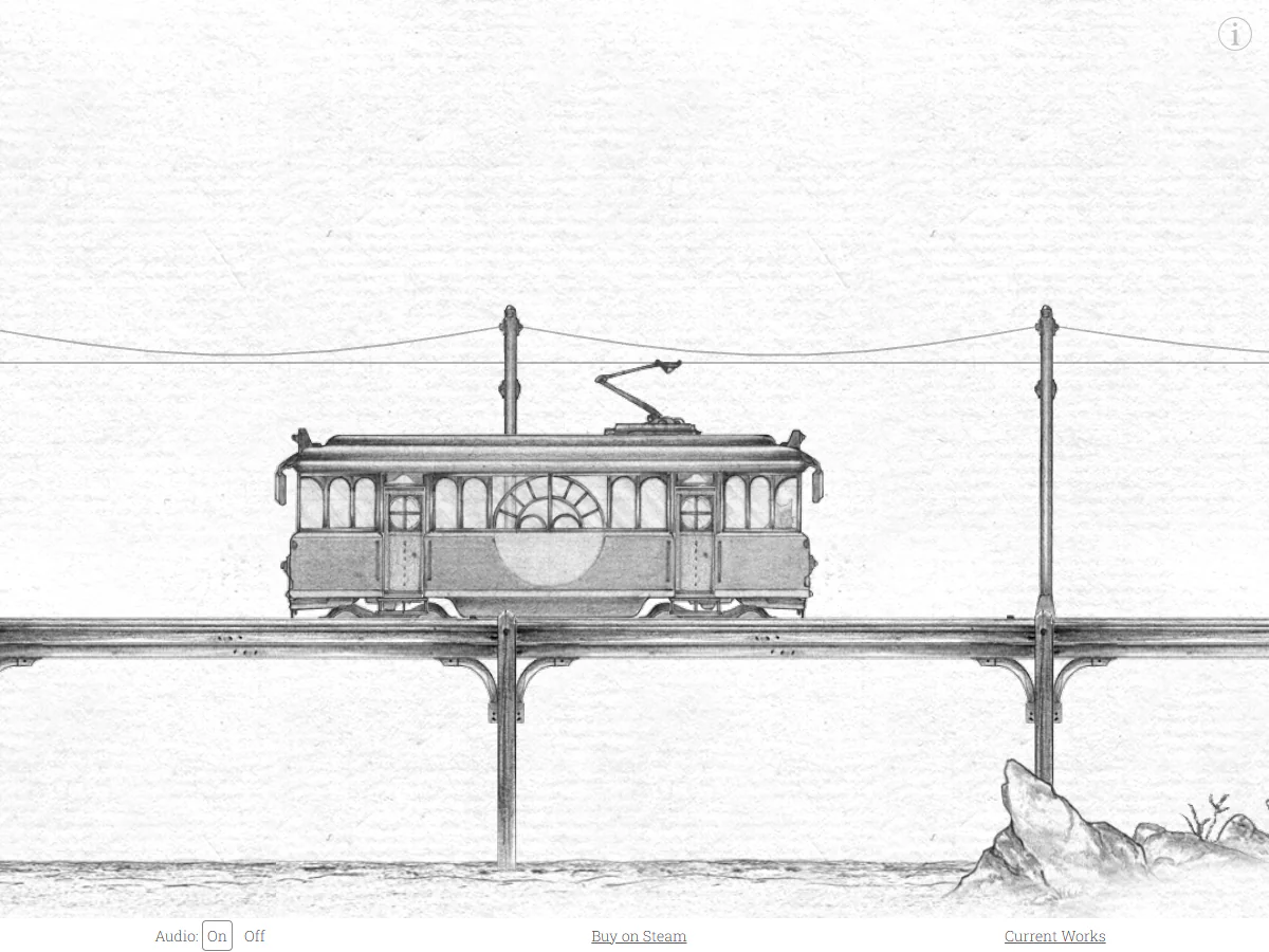 Short Tripの架線が延びる高架橋を、手描きの路面電車が走っているゲーム中画面