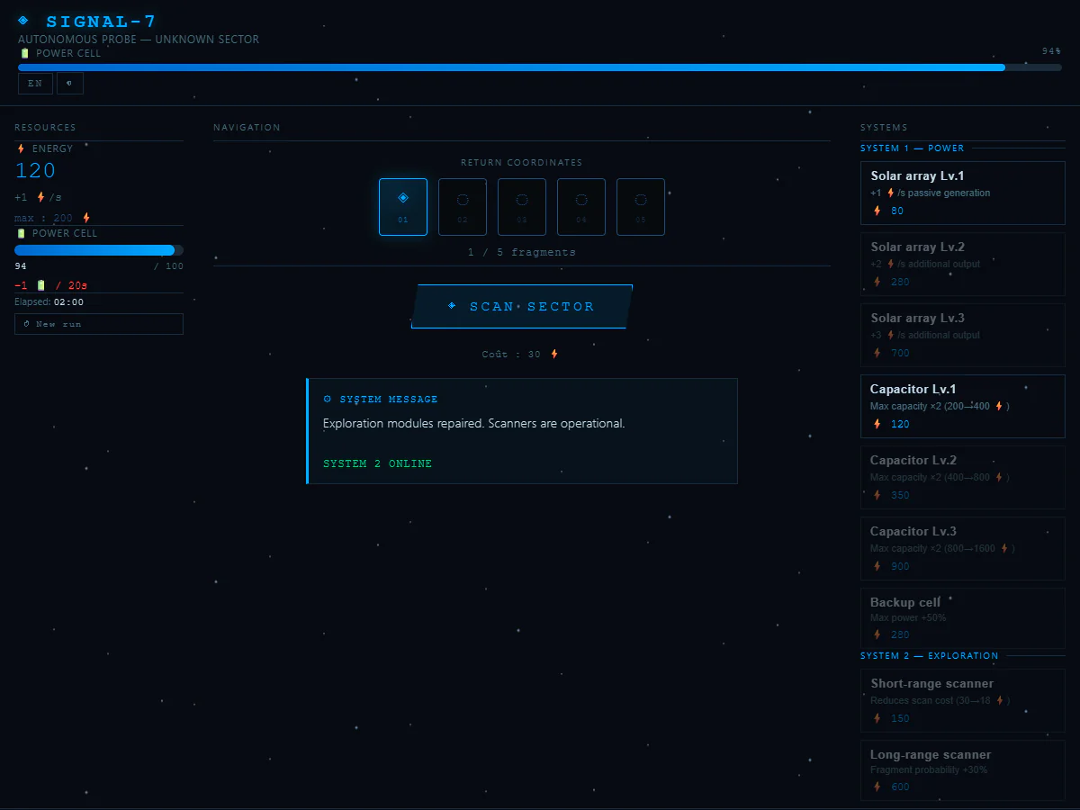 SIGNAL-7で帰還座標の断片01が点灯し、1/5 fragmentsとSYSTEM 2 ONLINEの通知、Exploration強化項目が表示されたゲーム中画面