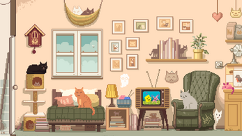 Six Cats Underの居間で猫と幽霊、テレビや時計などの家具が並ぶ公式プレイ画面
