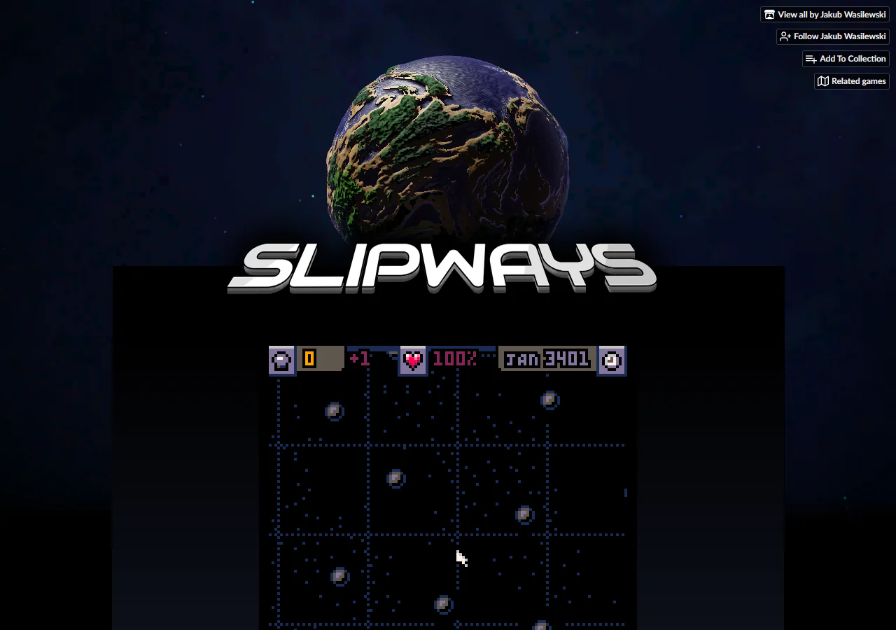 Slipways Classicのゲーム開始直後、未調査の天体が散らばる青いグリッド状の星図と資金、支持率、年月が表示された画面