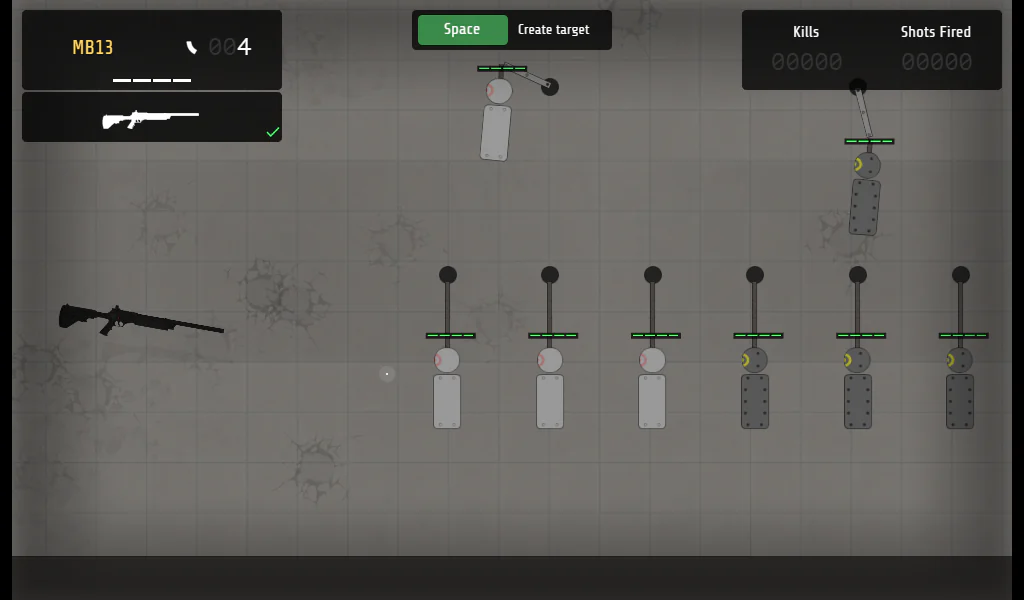 Tactical Weapon Pack 2の射撃場で、MB13を構え、体力バーを持つ吊り下げ標的が並ぶゲーム中画面