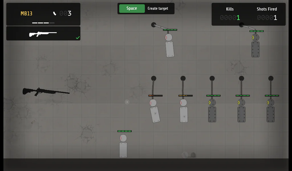 Tactical Weapon Pack 2の射撃場で弾数が3になり、射撃数と撃破数が1、画面下に追加の標的が現れたゲーム中画面