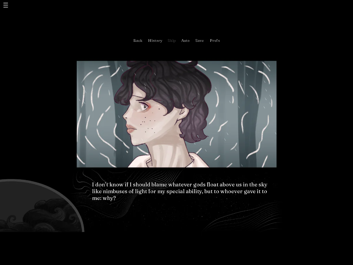 The Beauty Marks of Aquariusで、白い気配に囲まれたジョナスの横顔と独白が表示されたゲーム中画面
