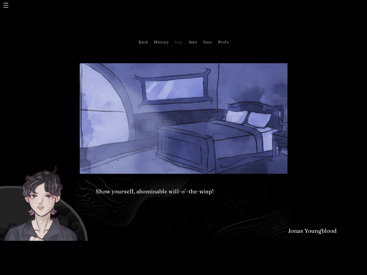The Beauty Marks of Aquariusで、青い寝室を背景にジョナスが見えない気配へ呼びかけるゲーム中画面