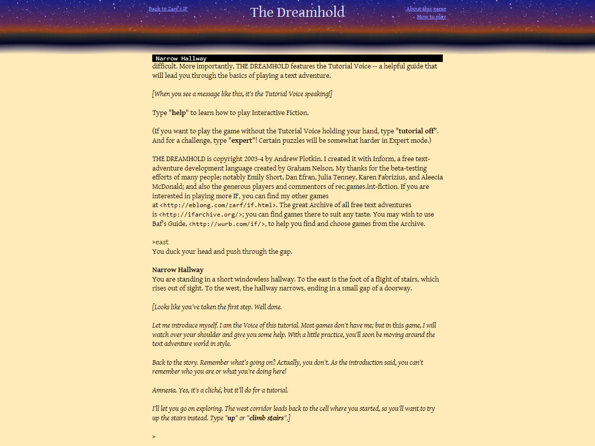 The Dreamholdでeastと入力して独房から狭い廊下へ移動し、チュートリアルの案内を読んでいるゲーム中画面