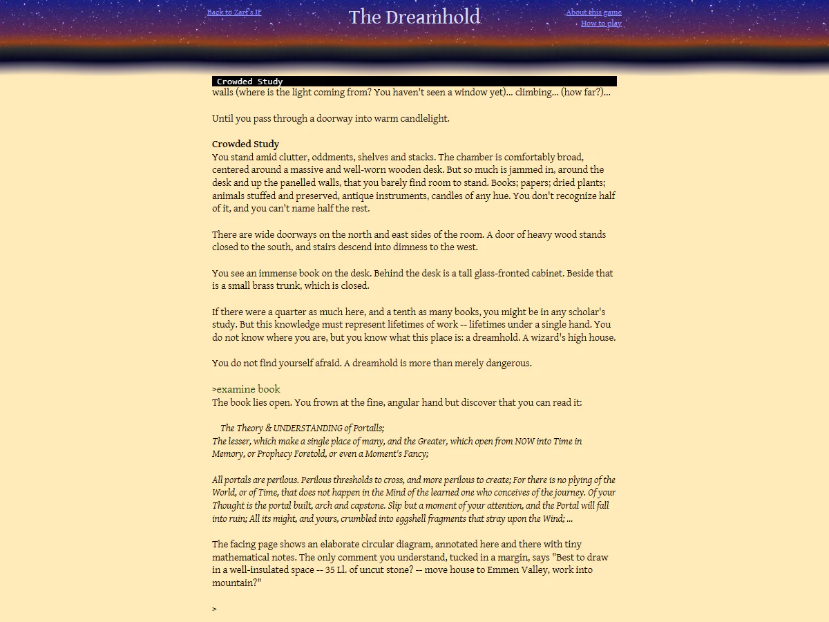 The Dreamholdの書斎でexamine bookと入力し、机上の巨大な本に書かれたポータルの理論を読んでいるゲーム中画面