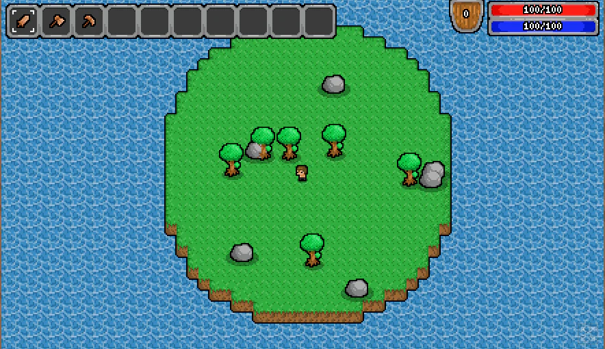 The Island Projectで、木と岩に囲まれたホーム島にサバイバーが立つゲーム中画面