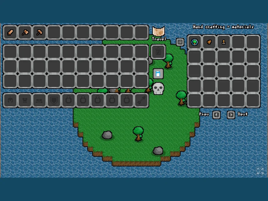 The Island Projectでインベントリを開き、Hand craftingの材料一覧を表示したゲーム中画面