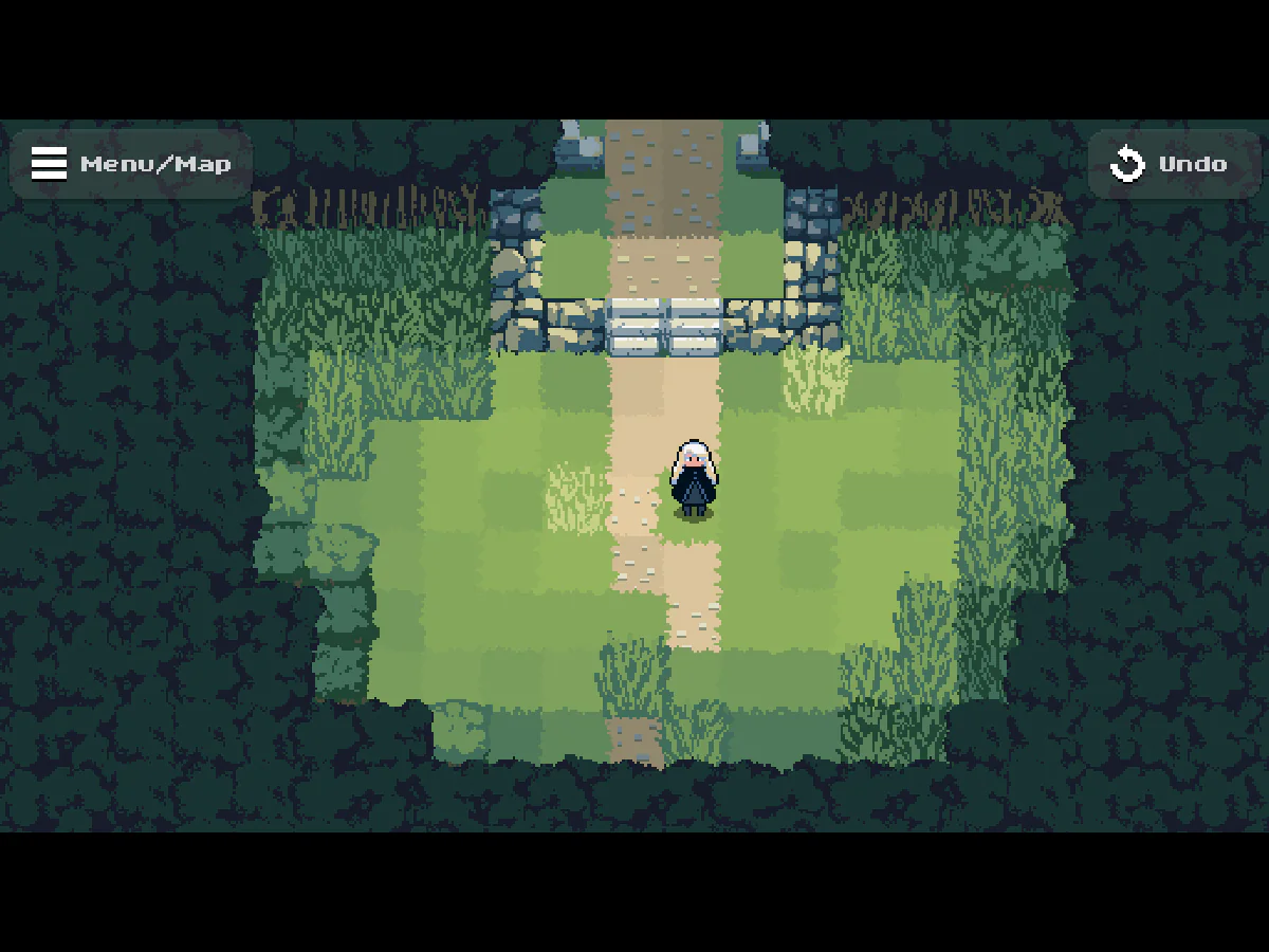 The Legend of Luminaで、主人公が草木に囲まれた森の小道を進んでいるゲーム中画面