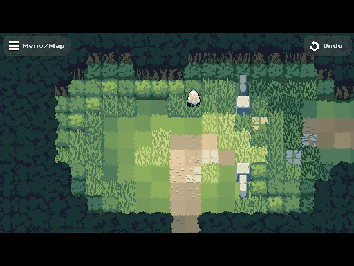The Legend of Luminaで、石のブロックと草むらが並ぶ森の区画を探索しているゲーム中画面