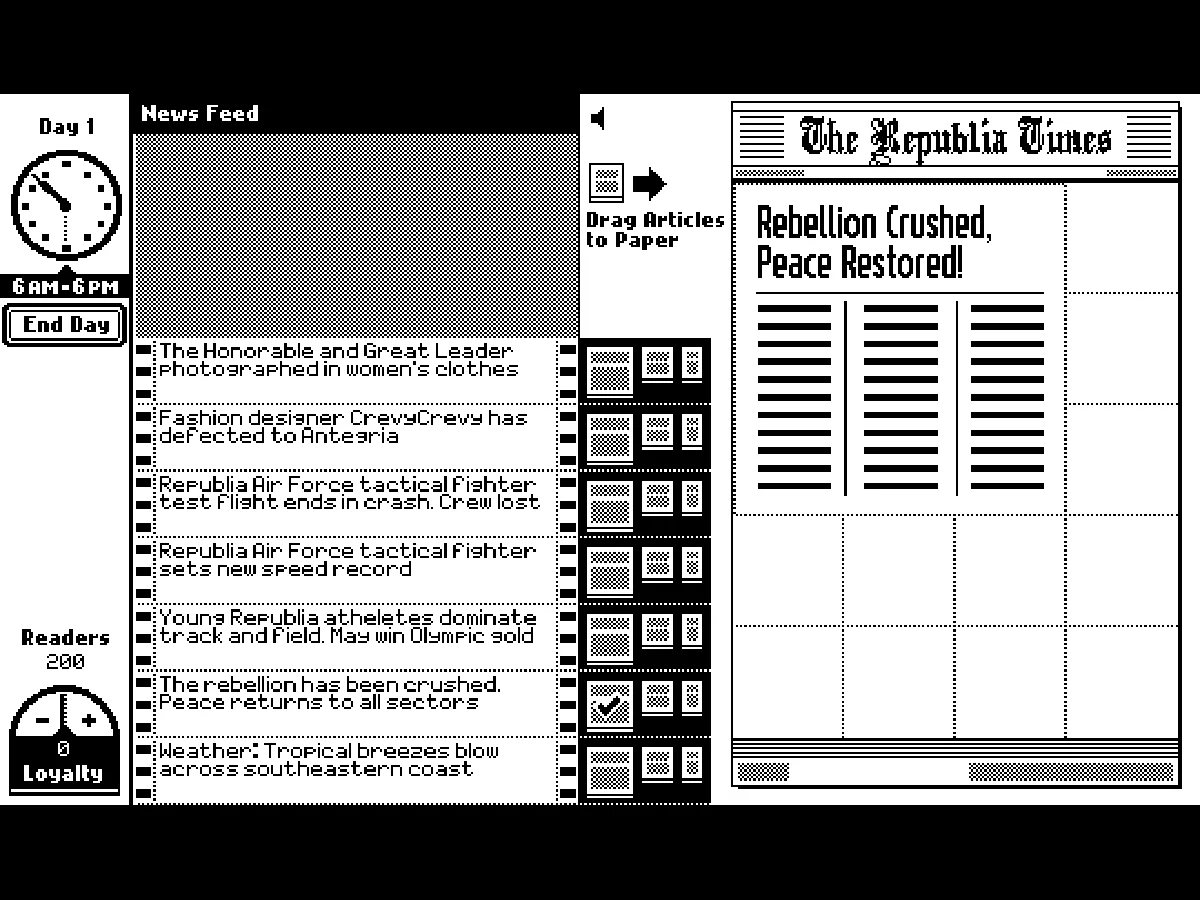 The Republia Times公式Web版のDay 1で、記事候補から一つの見出しを選び、新聞紙面へ大きく配置した編集画面