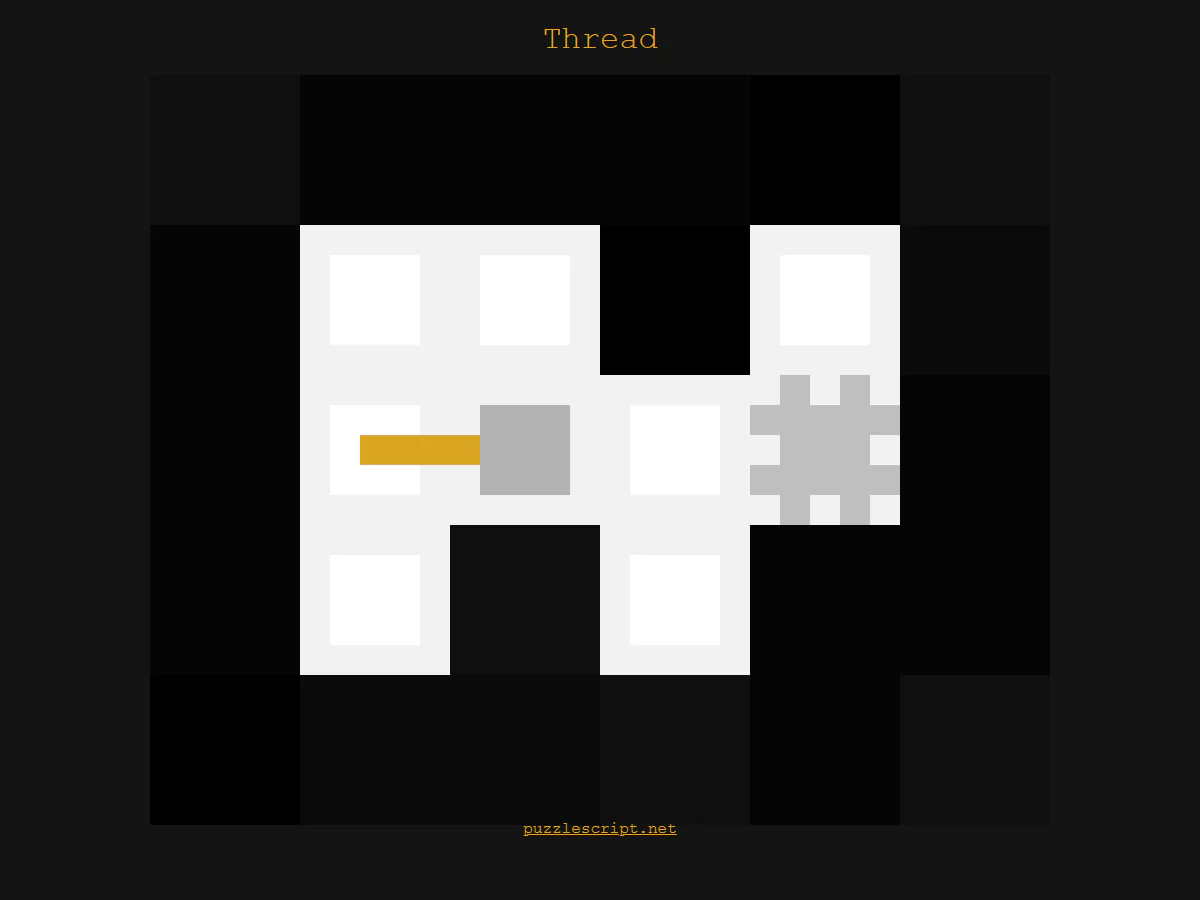 Threadの白い盤面で、灰色の先端から黄色い糸が左へ一マス分伸び、右側に井桁状の記号があるゲーム中画面