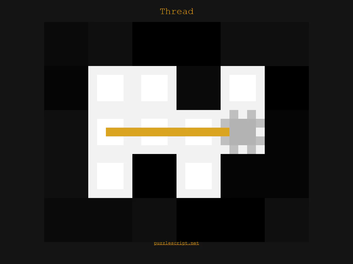 Threadで黄色い糸が盤面中央を横切って長く伸び、灰色の先端が右側の井桁状の記号に重なったゲーム中画面