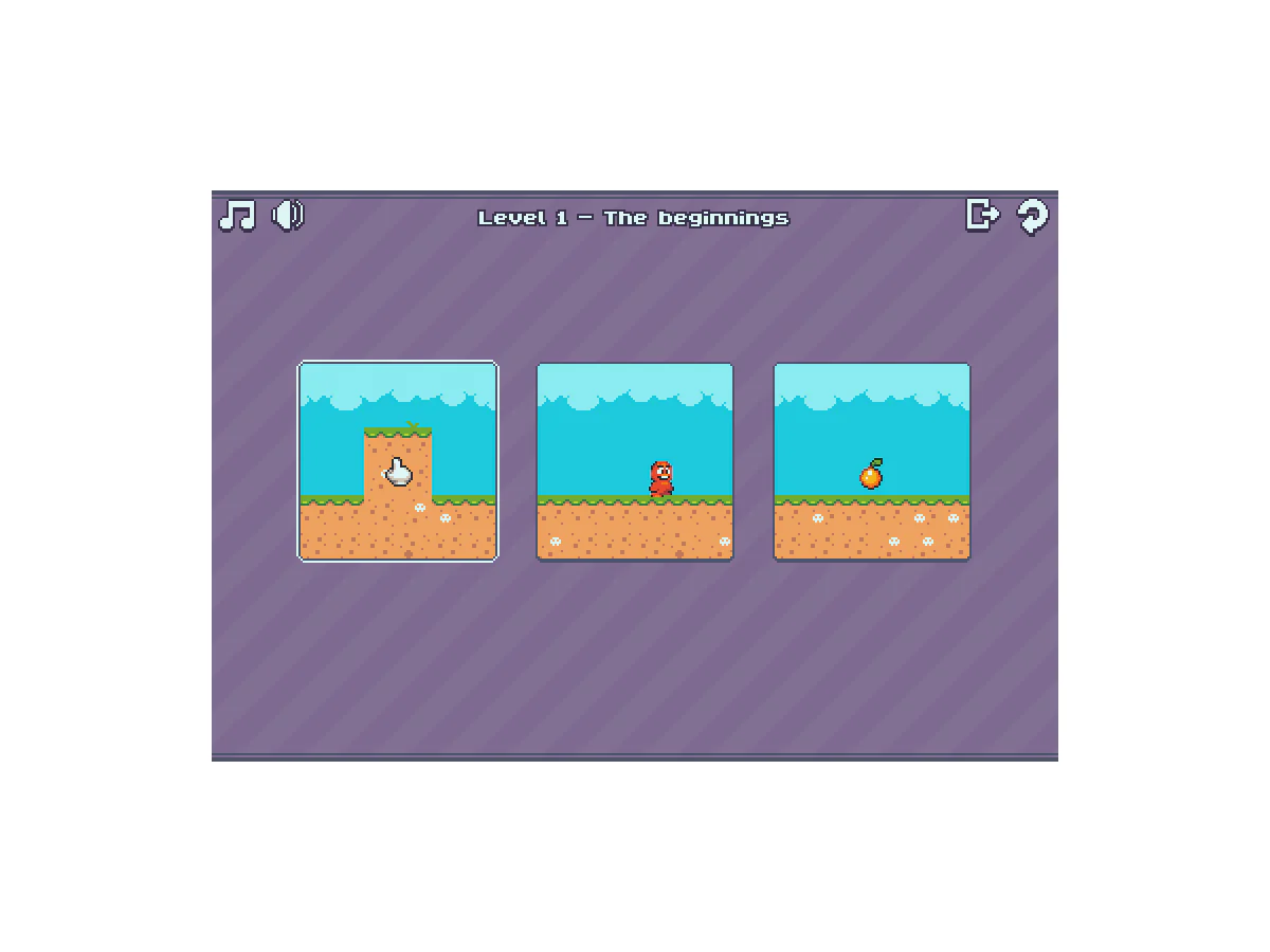 Tiny FragmentsのLevel 1で、高い地形の断片、赤い主人公、食べ物の断片が横に並び、左の断片にマウスカーソルが重なっているゲーム中画面