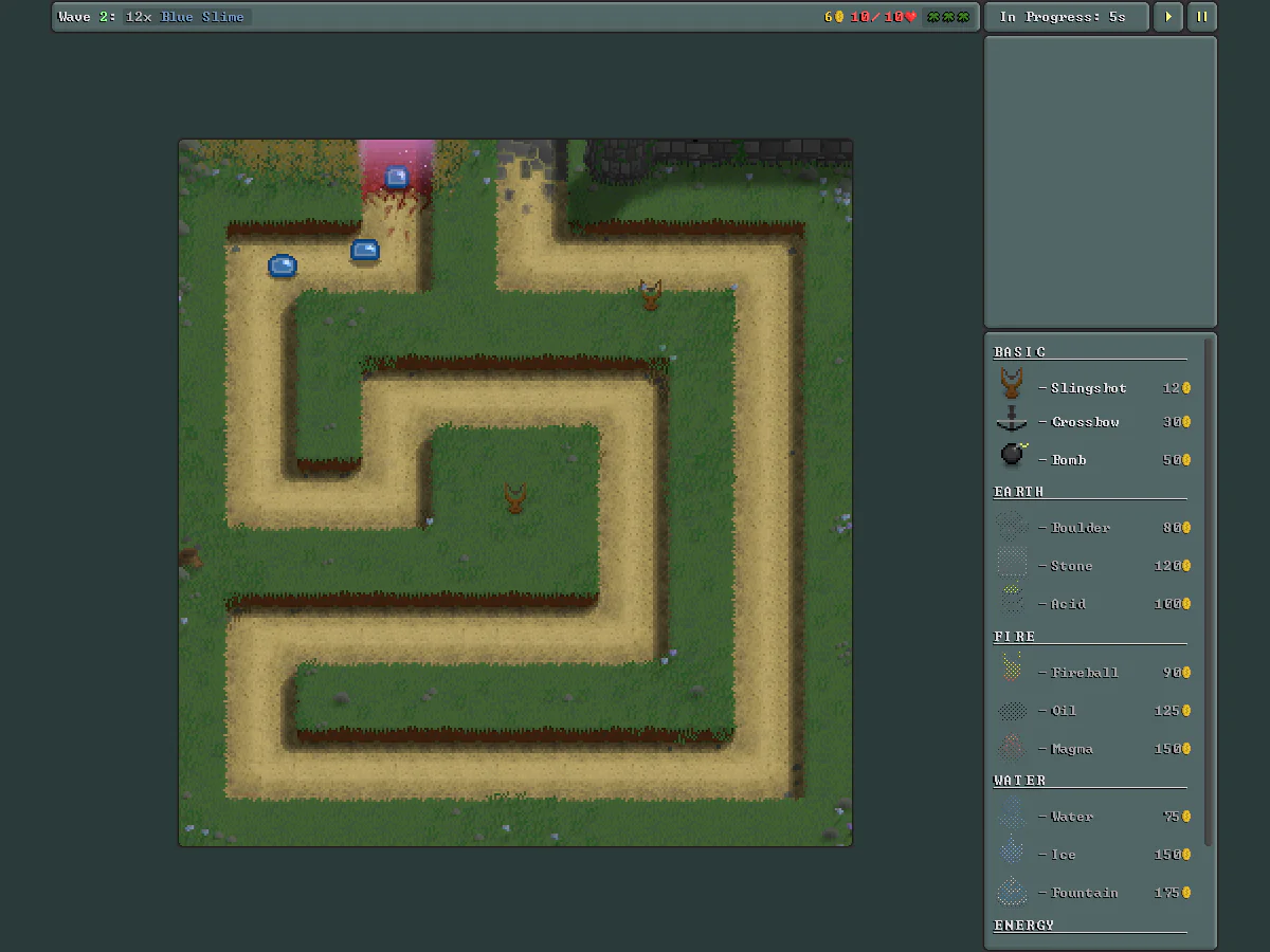 Tiny Tower DefenseのWave 2で、通路を進む青いSlimeと、その脇に配置した2基のSlingshotが見えるゲーム中画面