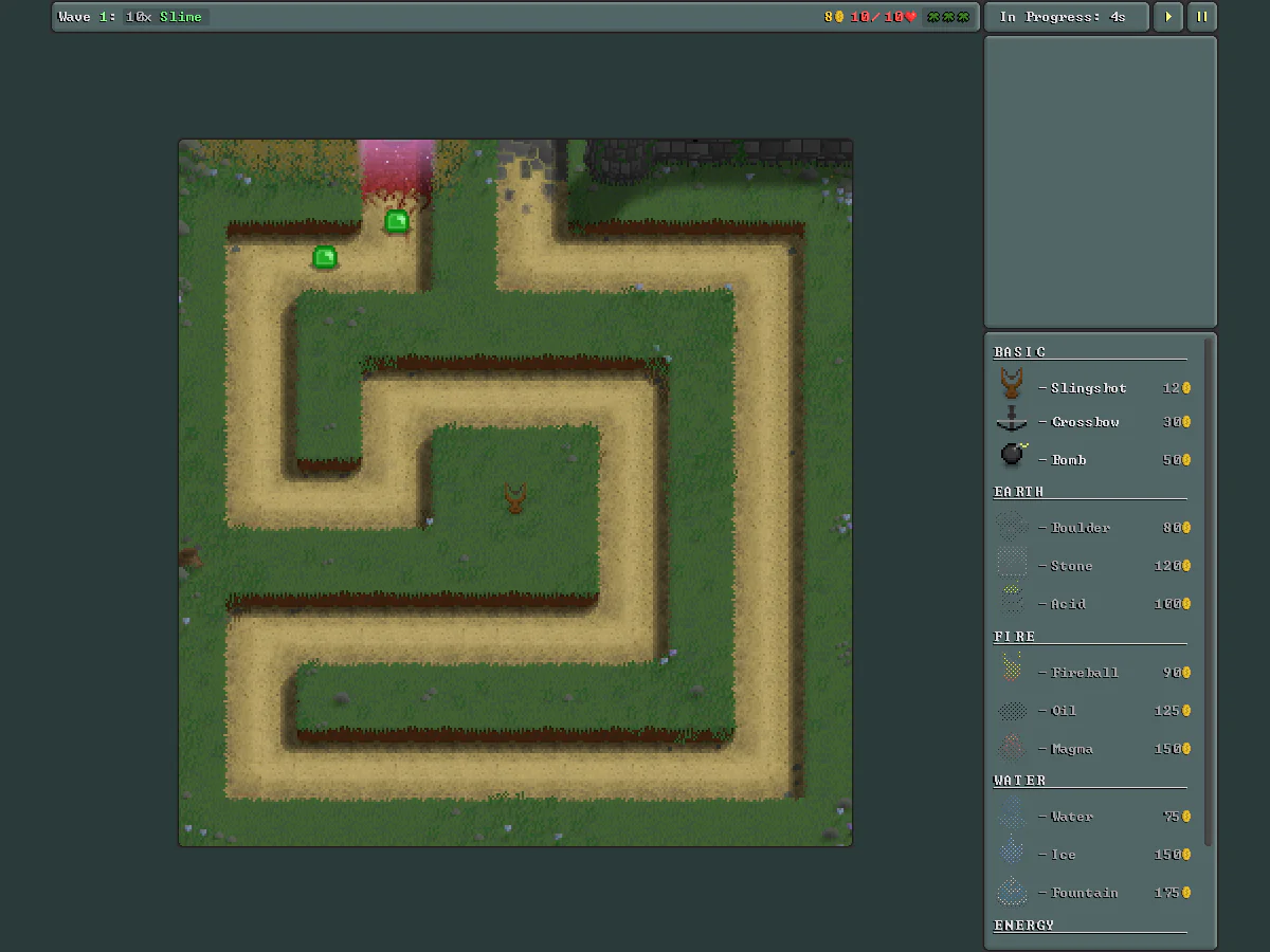 Tiny Tower DefenseのWave 1で、通路を進む緑のSlimeと、その脇に配置した1基のSlingshotが見えるゲーム中画面