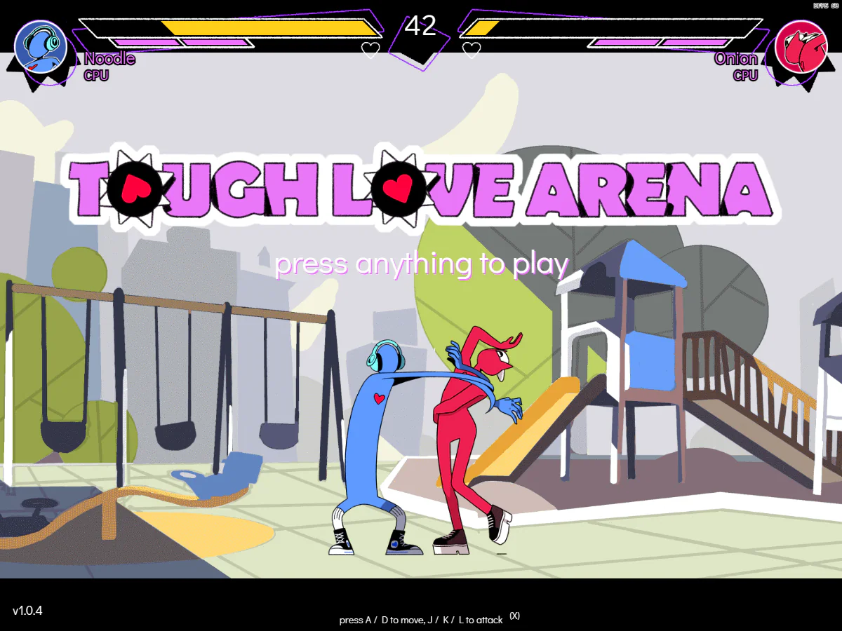 Tough Love Arena公式Web版のタイトル背景で、NoodleとOnionのCPU対戦デモが進行している画面