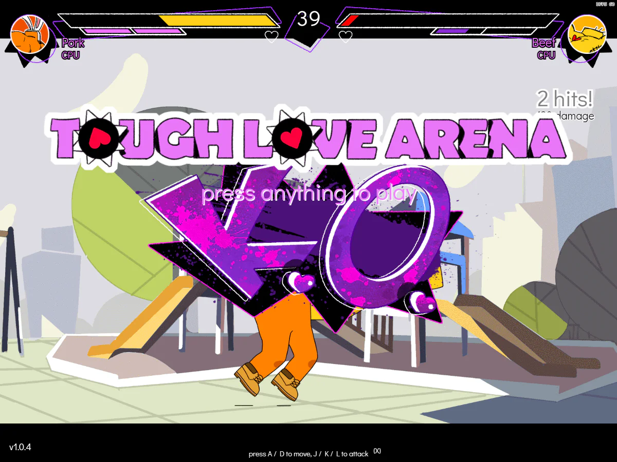 Tough Love Arena公式Web版のCPU対戦デモで、PorkとBeefの試合にKO演出が表示された画面
