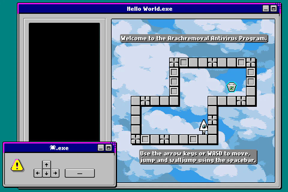 Tricky Keysの「Hello World.exe」で、雲空を背景に灰色の足場と白い三角形のプレイヤー、移動・ジャンプ・壁ジャンプの操作案内が表示されたゲーム中画面