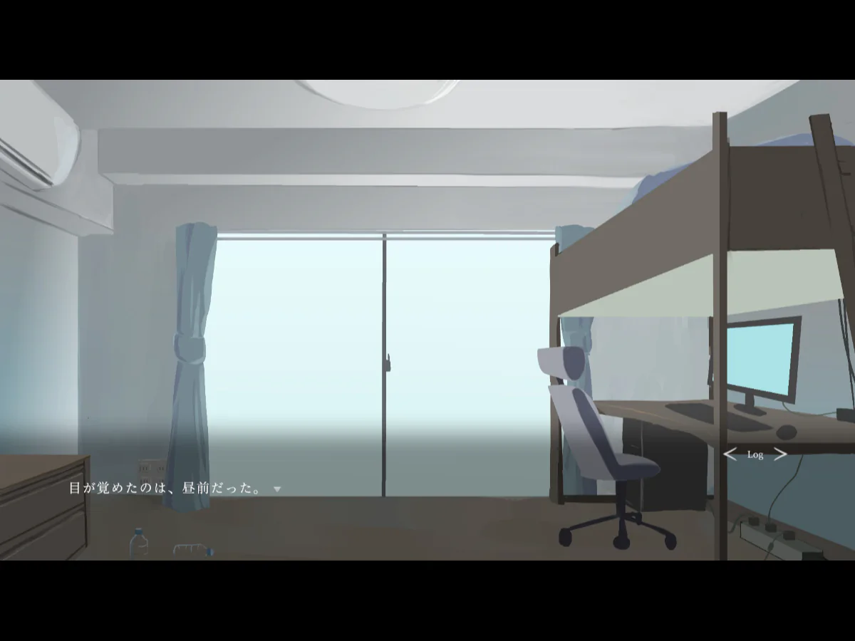 窓から昼の光が入る、二段ベッドと机のある自室を描いたU-tsu-ro-I(ウツロイ)のゲーム画面
