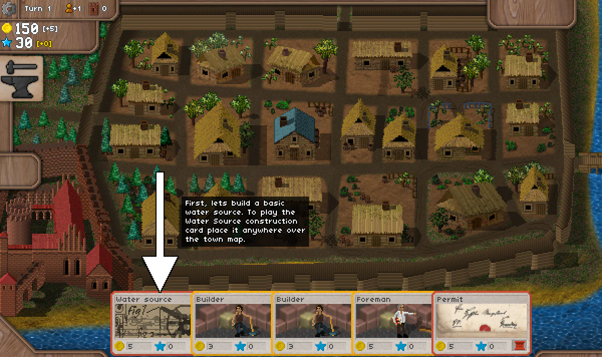 Waterworks!のTurn 1で中世の町全景と初期手札5枚、coins 150、influence 30が表示された実プレイ画面