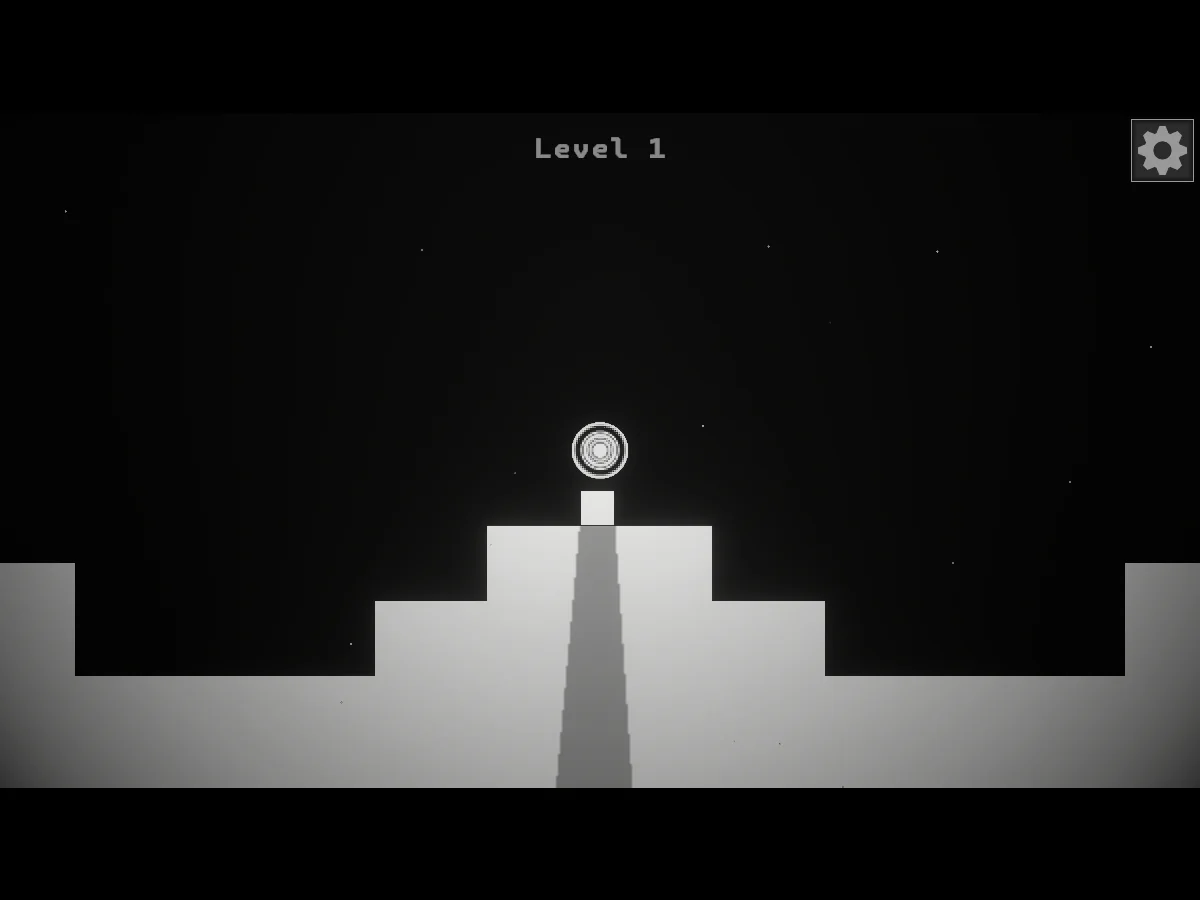 White / BlackのLevel 1で、白い正方形のプレイヤーが中央の円形ゴール直下に立つゲーム中画面